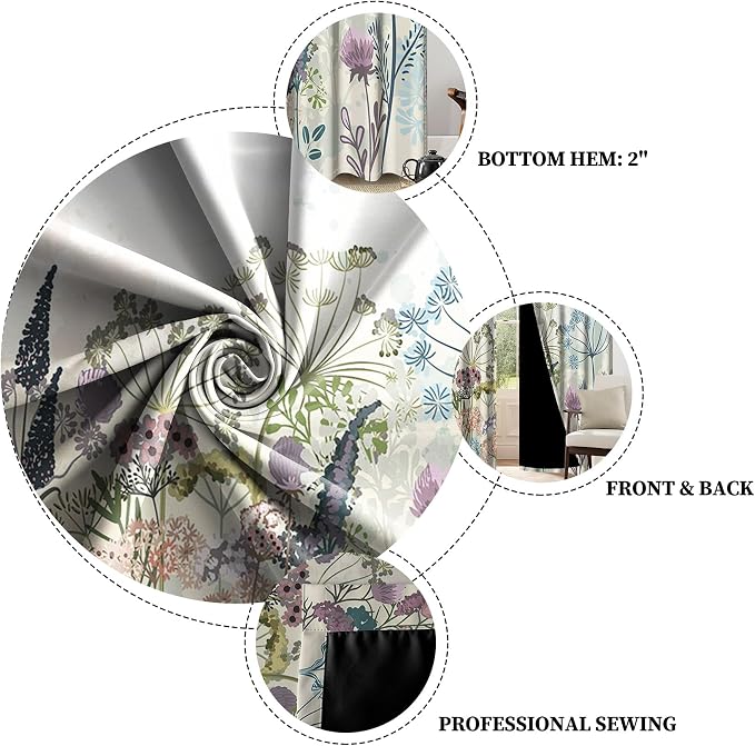 Renaiss Wildflowers Blackout Curtains Vintage Botanical Floral Plant Thermal Insulated Window Drapes for Bedroom 29W x 45L inches 2 Panel Set Window Curtain Panels for Kitchen