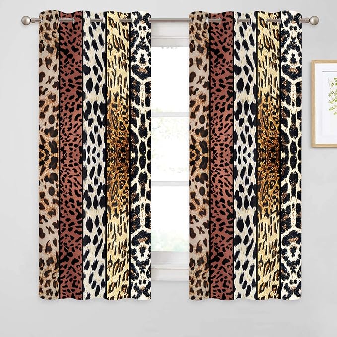Wild Animal Print Curtain, Room Darkening Thermal Insulated Blackout Leopard Boa Window Drapes with Grommets for Living, Dining, Bedroom, Brown Leopard Print, 52"x 63", 2 Panels