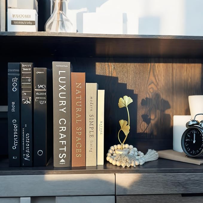 4PCS Decorative Book w/Wood Knot & Gold Ginkgo Leaf Statue, Book Shelf Decor Minimalist Linen Hardcover Faux/Fake Books for Coffee Table Home Decor Living Room Decoration, Photo Storage