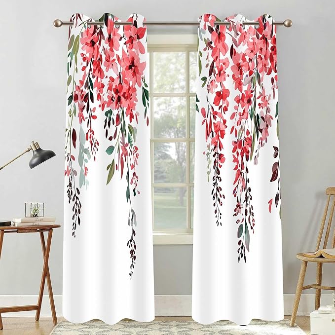 Red Watercolor Floral Curtains, Botanical Leaves Vine Flowers Curtain, Rustic Farmhouse Flower Leaf Blackout Window Treatment Drapes for Bedroom Living Room 52x90 inch, 2 Panels