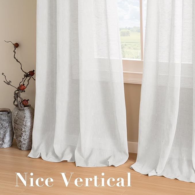 H.VERSAILTEX White Linen Curtains Flax Linen Blended Curtain Panels for Living Room/Bedroom Semi Sheer Privacy Curtains 63 inch Length 2 Panels Set Nickel Grommet Window Drapes, White