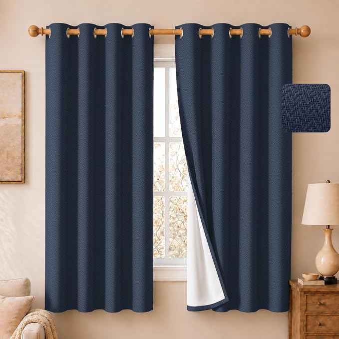 2 Panels 100% Blackout Linen-Textured Curtains, Thick Thermal Insulated Grommet Drapes with Subtle Herringbone Weave, Luxury Decor for Bedroom/Living Room, 54 x 63 Inches, Navy
