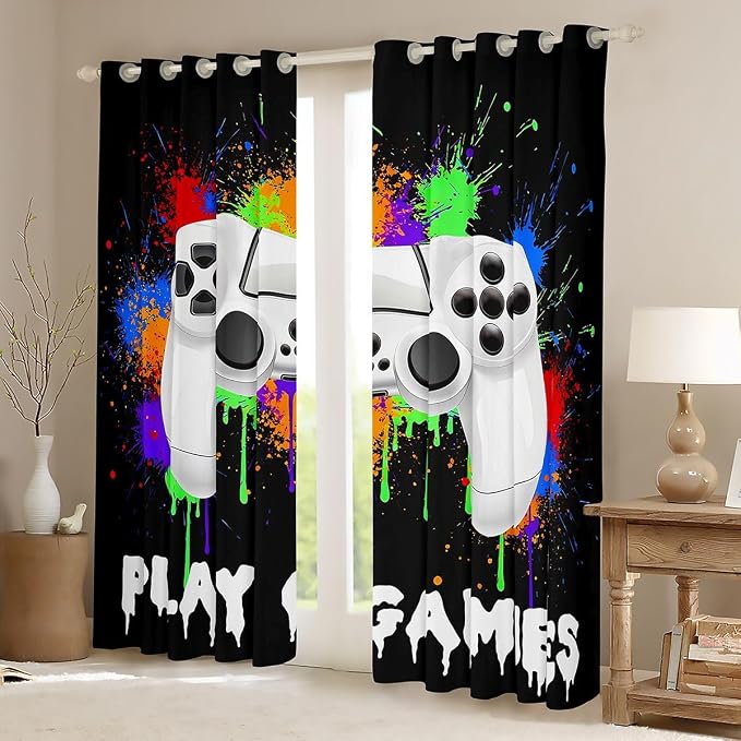 Feelyou Kids Boys Graffiti Gamer Window Curtains Black Gaming Blankout Curtains Game Darkening Drapes for Toddler Game Room Decor Window Treatments (2 Panels, 42 x 63 Inch)