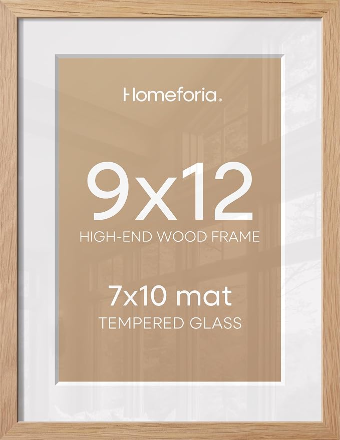 Homeforia 9x12 Picture Frame Wood, High End Natural Oak 9 x 12 Light Wooden Frames with Mat 7 by 10 Photo, 9by12 Frame Matted to 7x10 Print, Wall or Tabletop Frames, Tempered Glass, Wall Kit, Set of 1