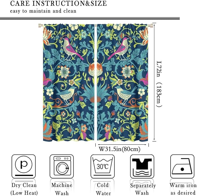 Boho William Morris Art Blackout Window Curtains, Magical Forest Vintage Flowers and Birds Rod Pocket Curtains, for Living Room Bedroom 31.5(W)*72(L) 2 Panels