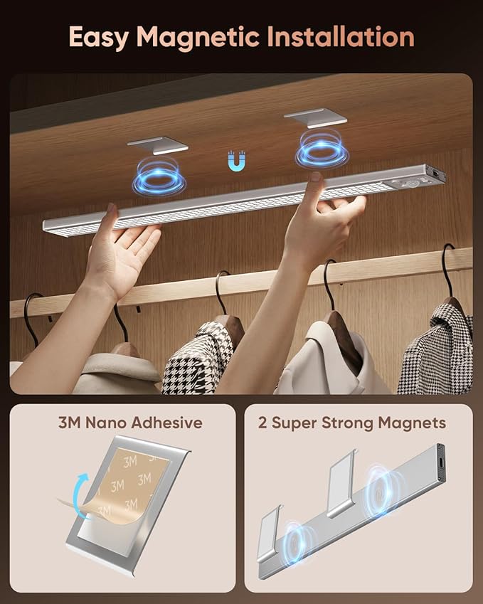 16inch Under Cabinet Lighting Wireless, 216LED Motion Sensor Light Indoor, USB Rechargeable Closet Lights, 3 Color Temps & Dimmable, Stick On Under Counter Lights for Kitchen, Pantry, Stairs, 3 Pack