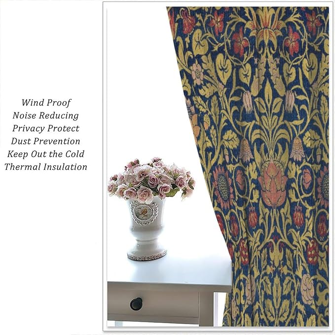 Retro Bohemian William Morris Plant Floral Blackout Window Curtains, Abstract Vintage Country Floral Leaf Pattern Print Window Drapes, for Bedroom Living Room 72x63in