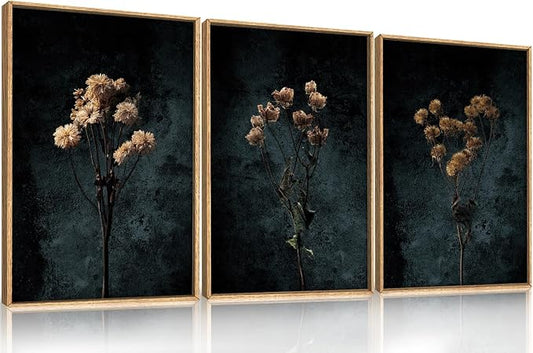 LHIUEM Dark Moody Wildflowers Framed Canvas Wall Art Set,Minimalist Wildflower Wall Decor,Vintage Black Flower Botanical Painting, Aesthetic Floral Artwork for Living Room,Bedroom,Office-24''x36''x3