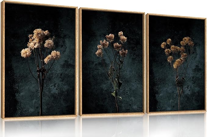 LHIUEM Dark Moody Wildflowers Framed Canvas Wall Art Set,Minimalist Wildflower Wall Decor,Vintage Black Flower Botanical Painting, Aesthetic Floral Artwork for Living Room,Bedroom,Office-16''x24''x3
