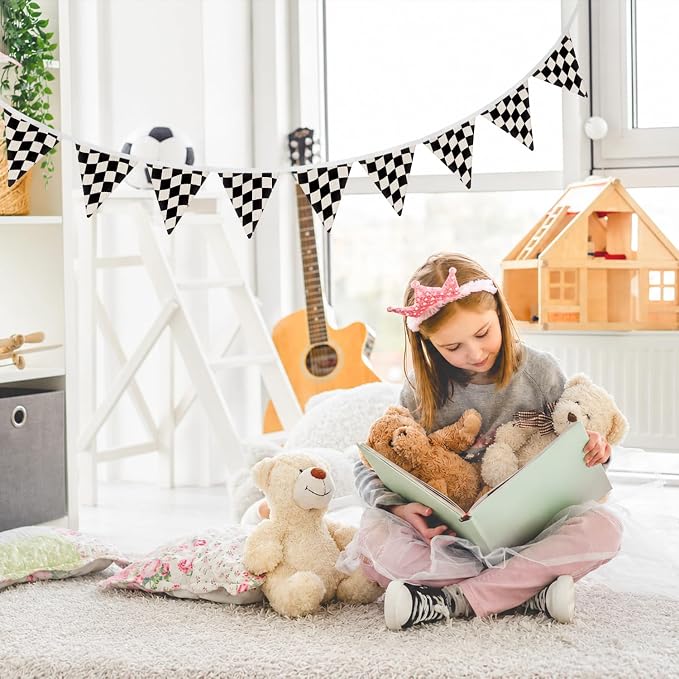 Boys Room Wall Art Decor, Black and White Checkered Garland Triangle Banners, Cars Room Decor for Toddler Nursery Playroom, Racing Flags 11Ft Bunting Flags Fabric for Boys Kids Bedroom Decor