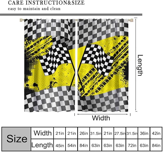 Race Car Window Curtains,Kids Teens Boys Checkered Flag Game Theme White Black Yellow Window for Dining Room Office Living Room Kitchen Bedroom Cafe Drapes, 84x84 in