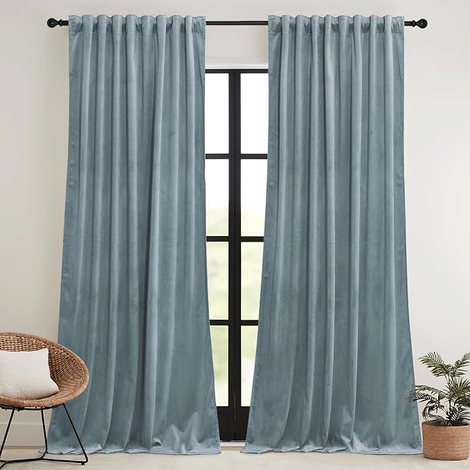 RYB HOME Stone Blue Velvet Curtains for Bedroom Living Room, Thermal Insulated Privacy UV Heat Blocking Luxurious Drapes for Nursery Dining Room, 52"W x 94"L, 2 Panels, Rod Pocket/Back Tab/Hook Belt
