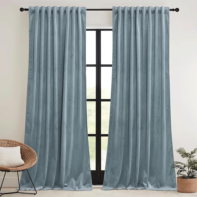 RYB HOME Stone Blue Velvet Curtains for Bedroom Living Room, Thermal Insulated Privacy UV Heat Blocking Luxurious Drapes for Nursery Dining Room, 52"W x 92"L, 2 Panels, Rod Pocket/Back Tab/Hook Belt