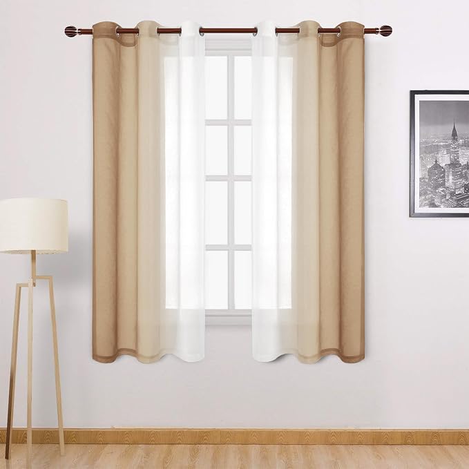 DWCN Taupe Faux Linen Ombre Sheer Curtains - Gradient Semi Voile Curtains for Bedroom and Living Room, Set of 2 Grommet Top Window Curtain Panels, 42 x 63 Inches Long, Taupe