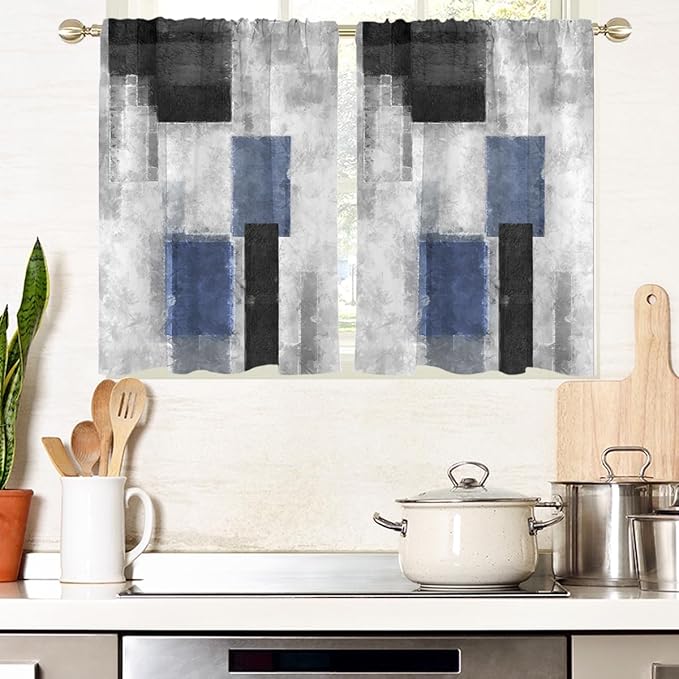 AAtter Black Blue Window Curtains for Kitchen Gray Navy White Abstract Geometric Aesthetic Small Short Home Living Room Bedroom Bathroom Drapes Treatment Tiers Fabric 1 Pair, 27.5" W x 39" L, Modern