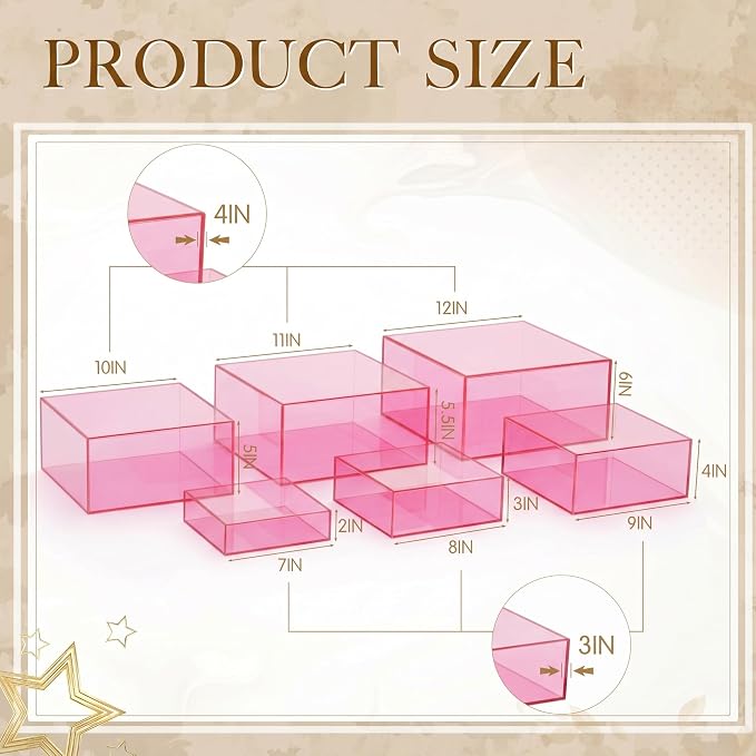 Geelin 6 Pack Acrylic Risers for Display Acrylic Cube Boxes Risers Display Stands with Hollow Bottoms Decorative Stand for Jewelry Candy Table Decor 6 Sizes (Clear Pink,7 to 12 Inch,Square)