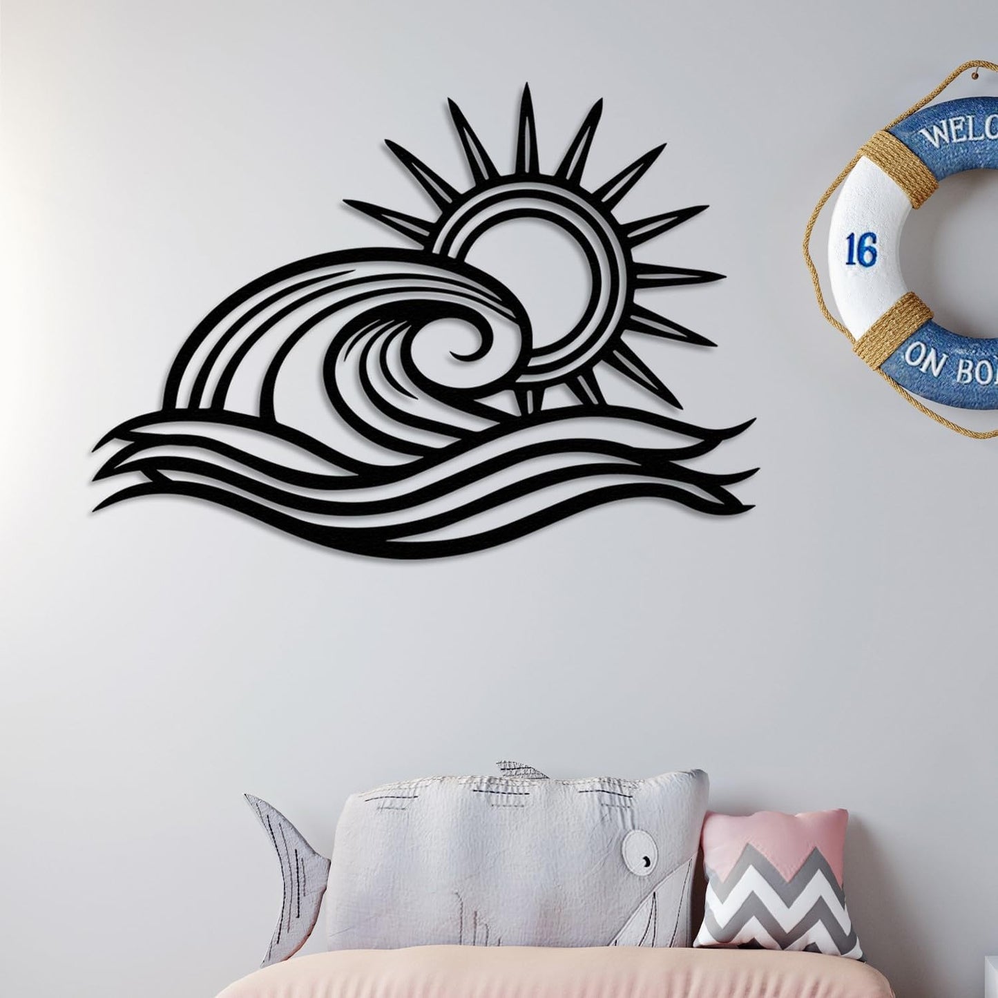 Wita Home Ocean Wave Metal Wall Art, Sun Beach Decor, Coastal Large Wall Sculpture for Home, Indoor/Outdoor Use, Nautical Wall Hanging, Eye-Catching Addition to Living Room (Silver, 18 x 11 inches)