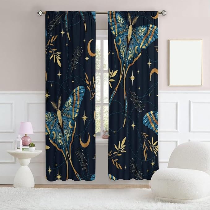 Witchy Curtains, Goth Curtains, Moth Decor, Star Curtains, Moth Curtains Darkening Curtains Botanical Curtains for Bedroom Living Room W84xL84 Inch