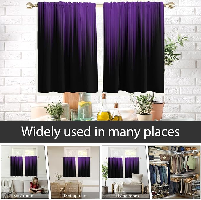 AAtter Purple and Black Kitchen Curtains, Ombre 27.5" W x 39" L, 2 Panels | Dark Gothic Rod Pocket, Plum Abstract Moody Style, Witchy Modern Anime Design, Small Short Bathroom Window Tiers for Women