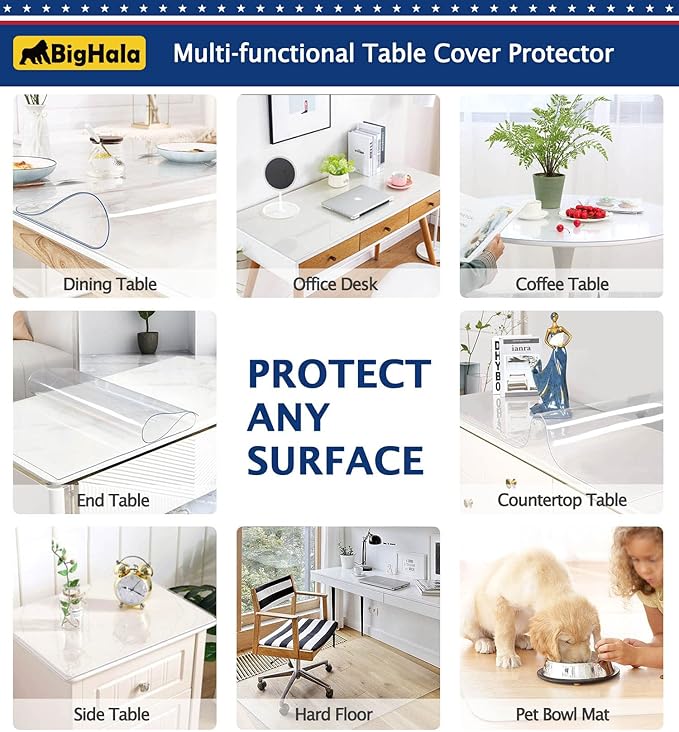 Clear Plastic Table Protector PVC Tablecloth Cover Vinyl Table Cloths Easy Clean Waterproof Wipeable Furniture Topper Pad for Dining Living Room Coffee Tables Heat Resistant Mat Desk Pad 36 x 78 inch