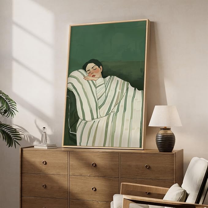 Framed Woman Bedroom Wall Art, Large Cozy Woman Canvas Painting for Room Decor, Relaxing Minimalist Artwork for Walls, Green Picture Print for Nursery Guest Room Hallway Wall Art Decor, 24x36 Inch
