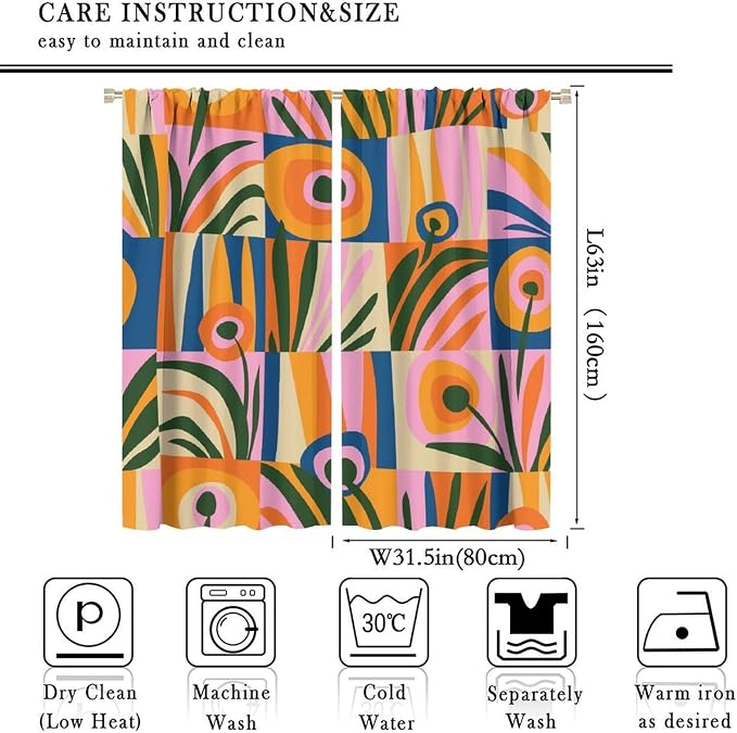 JESTRONRY Mid Century Boho Curtains, Modern Abstract Cute Retro Floral Vintage Checkered Flower Print Blackout Window Door Curtains for Bedroom Living Room Home Decor 63x63in