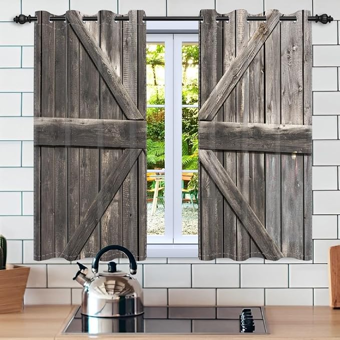 Rustic Barn Door Window Curtains Farmhouse Grey Wooden Door Garage Door Blackout Window Treatment for Living Room Bedroom Rural Farm Style Room Darkening Window Drapes,21x63 inch,2 Panels