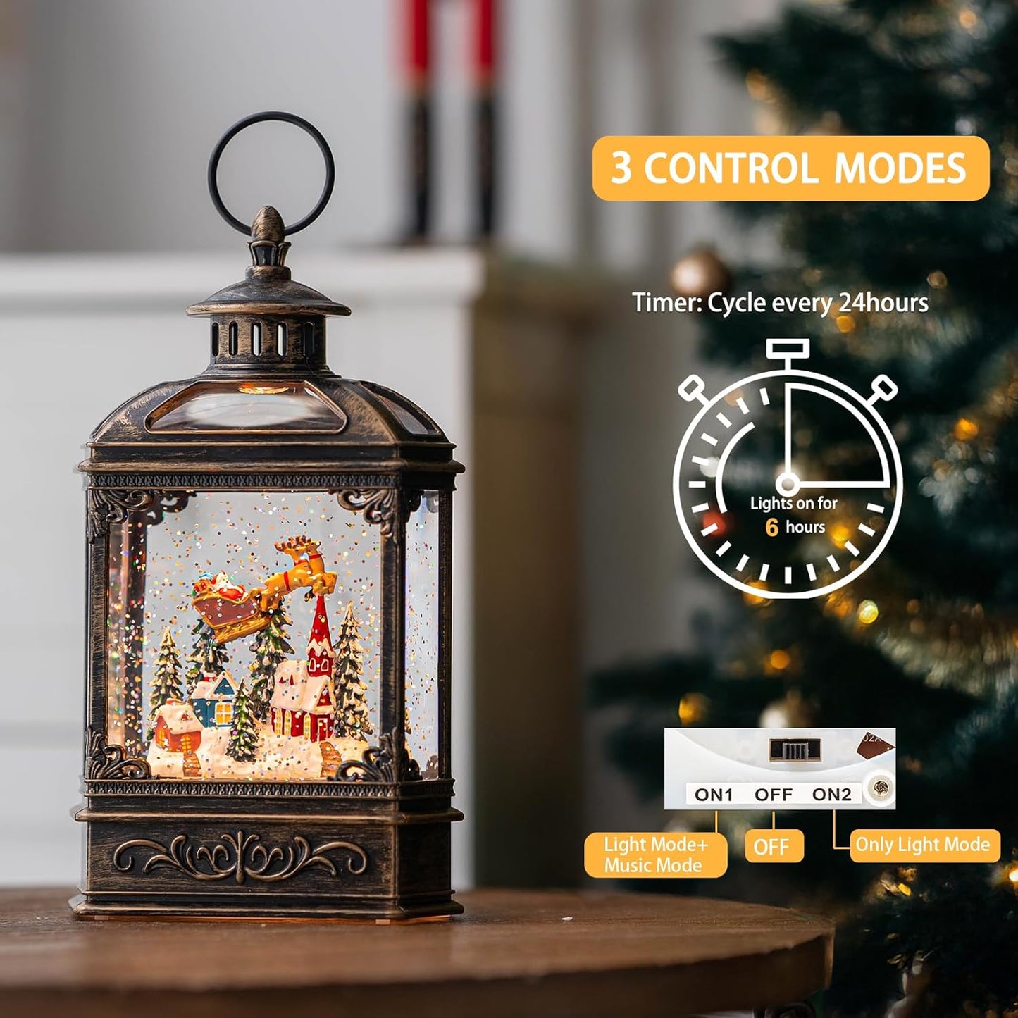 Christmas Snow Globe Swirling Glittering Lantern Santa Flying with Reindeer, USB Lined/Battery Operated Lighted Water Lantern for Christmas Festival Decoration Gifts