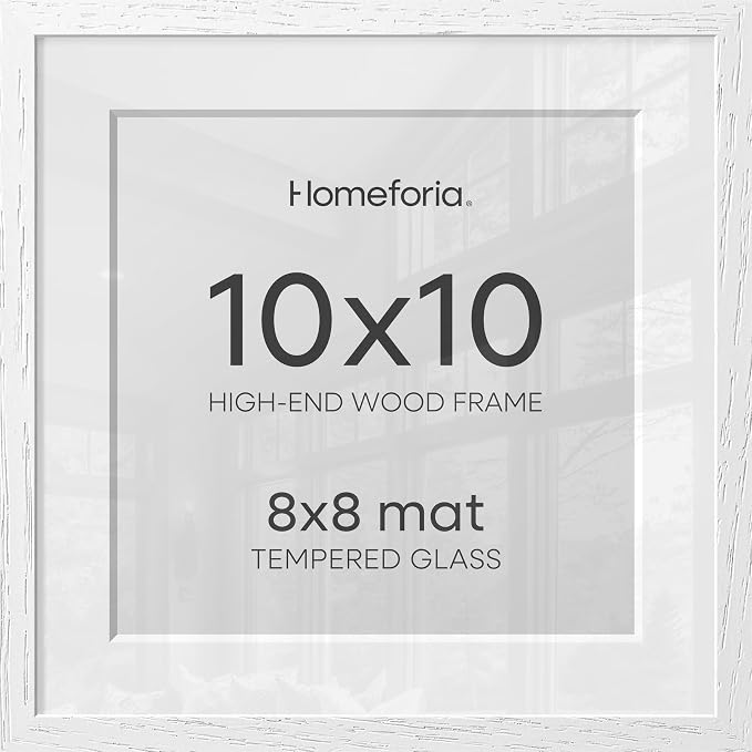 Homeforia 10x10 White Picture Frame, High-End Oak 10 x 10 Square Wooden Frames with Mat 8 by 8 Photo, 10by10 Wood Frame Matted to 8x8 Print, Wall or Tabletop Frames, Tempered Glass, Wall Kit, Set of 2