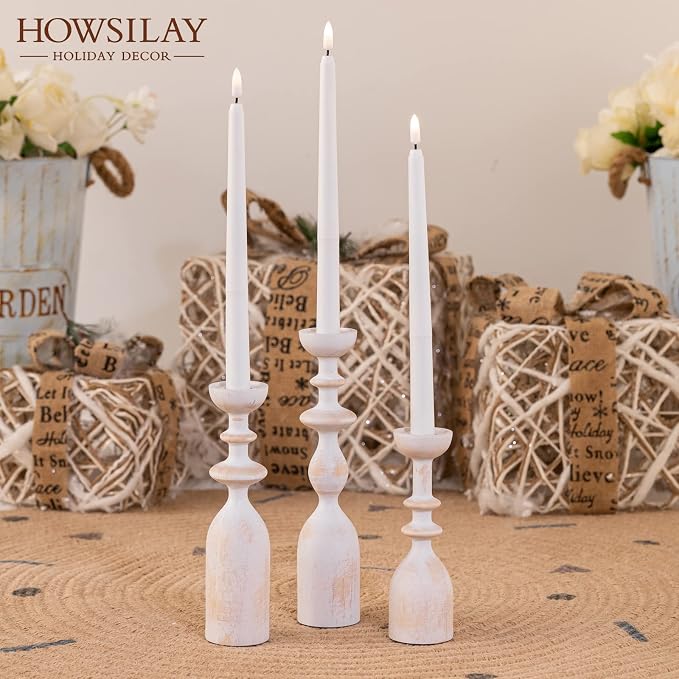HOWSILAY Wood Farmhouse Candle Holders, Set of 3 Candlestick Holder, White | Solid Handcrafted Wood, 3 Assorted Heights, Fits Taper/LED Tea Light/Pillar Candles, Rustic & Modern Home Decor, Gift Box