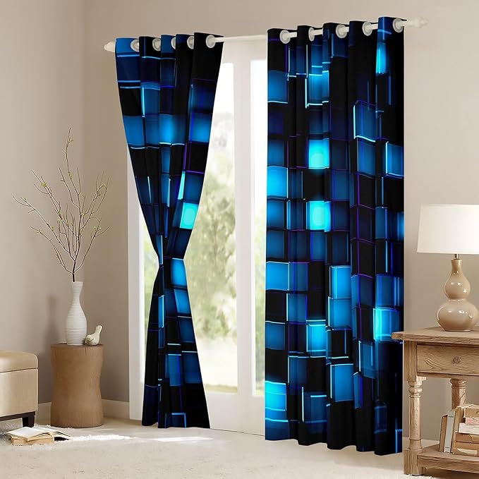 Castle Fairy Neon Blue Grid Window Curtain | Video Games Blackout Curtain for Kids Bedroom Decor,Geometric Pixelated Block Curtains 3D Block Theme Living Room Top 2 Panels,38Wx54L