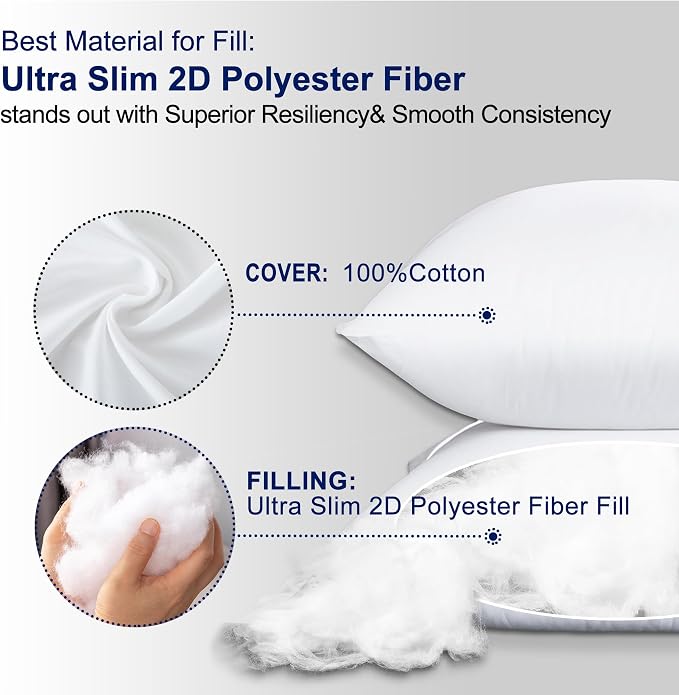 HITO 18x18 Pillow Inserts (Set of 2) - Down Alternative 100% Cotton Cover Decorative Square Throw Pillows White for Couch Bed Sofa
