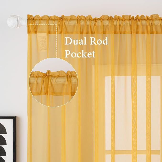 MIULEE 2 Panels Solid Color Sheer Window Curtains Elegant Window Voile Fall Panels/Drapes/Treatment for Bedroom Living Room (54X108 Inches Gold)