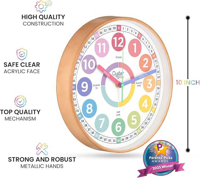 Oyster&Pop Kids Clock - Silent 10" Pastel Analog Learning Wall Clock - Award-Winning Telling Time Teaching Clock for Kids - Bedrooms Homeschool & Classrooms - Includes eBook