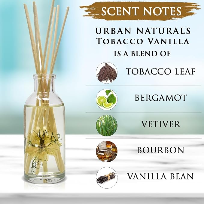Urban Naturals Reed Diffuser Set, Tobacco Vanilla - Bathroom Shelf Décor | Tobacco leaf, Bergamot, Vetiver, Bourbon and Vanilla Bean Scented Oils, Decorated with Natural Flowers