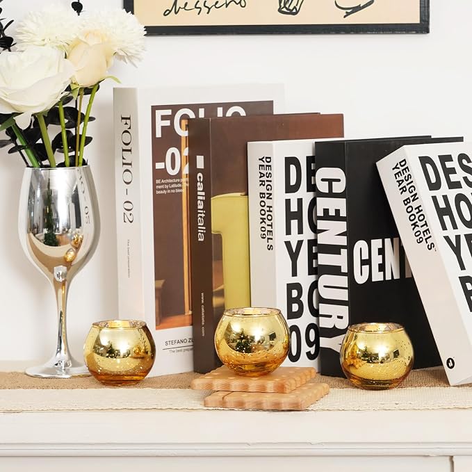 Homemory 24 Pcs Gold Votive Candle Holders, Round Mercury Glass Candle Holder, Tealight Candle Holders for Table Centerpieces, Baby Shower,Anniversary, Wedding, Home Decor, Halloween, Christmas