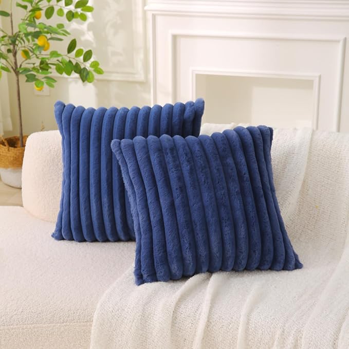 Decorative Throw Pillow with Inserts, Set of 2 Soft Faux Fur Throw Pillows, Square Boho Striped Pillow for Couch, Bed, Sofa Decor (Blue, 20" x 20"(Pack of 2))