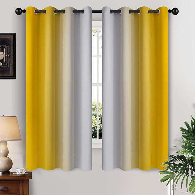 Yakamok Ombre Curtains Yellow and Greyish White for Living Room,52Wx63L | Room Darkening Curtains 63,Thermal Insulated Gradient Color Drape,Light Blocking Grommet Window Curtains for Bedroom,2 Panels