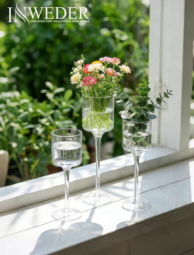 Tall Glass Candle Holder: Long Stem Floating Candle Holders for Tealight Votive and Pillar Large Clear Centerpieces for Wedding Table Party Home Set of 3