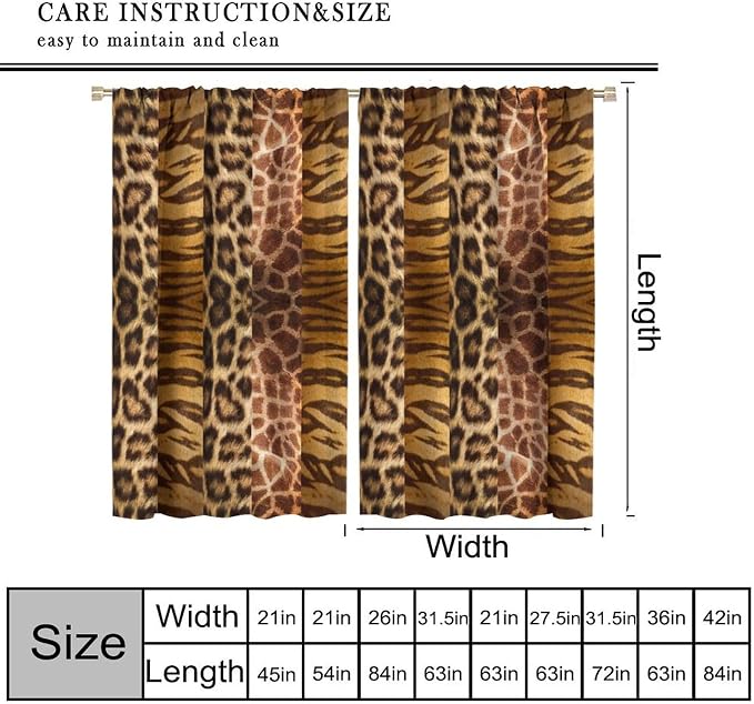 Leopard Print Blackout Curtain, Retro Wild Animal Skin Farmhouse Fur Leopard Print Drapes, Rod Pocket Window Treatments 2 Panels Curtains for Kitchen Living Room Bedroom Cafe Decor 52"W X 84"L