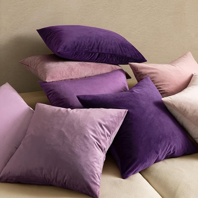 MIULEE Velvet Throw Pillow Covers 16x16 Inch, Pack of 2 - Eggplant Purple, Super Soft Decorative Square Cushion Cases Modern Luxury Home Decor for Sofa,Couch,Bed,Chair