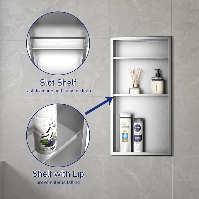 Stainless Steel Shower Niche 24" X 12" Brushed No Tile Needed Vertical Niche Shower with Three-Tier Shelves Recessed Wall Niches for Bathroom Storage Over Mount Installation