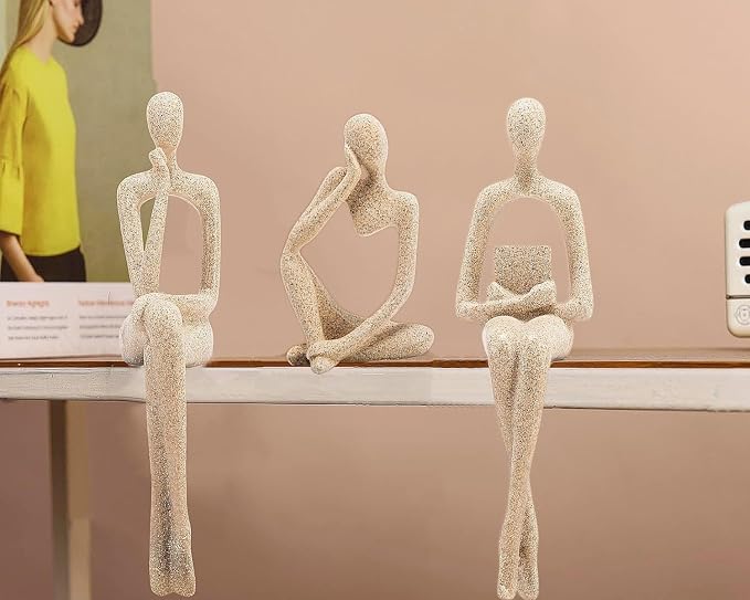 Prettidecor Sandstone Decor Thinker Statue Accents, Set of 3 Thinker Sculptures Office Decor Abstract Resin Decoration on Shelf Table Desk for Living Room Office Bedroom Bookshelf Decor (Large)