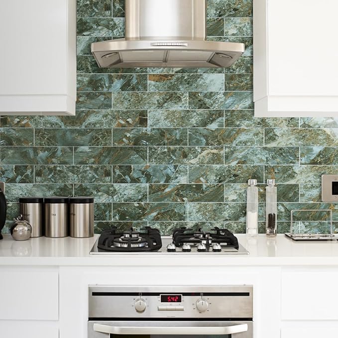 AULIGET 40-Piece Polished Green Marble with Gold Peel and Stick Backsplash Wall Tiles, 3" x 12" PVC Faux Stone Stick on Tiles for Backsplash Kitchen, Bathroom, Laundry Room, Camper, Fireplace