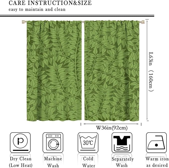 Bohemia Retro William Morris Art Blackout Window Curtains, Flowers Foliage on Green Background Curtains, for Living Room Bedroom 36(W)*63(L) 2 Panels