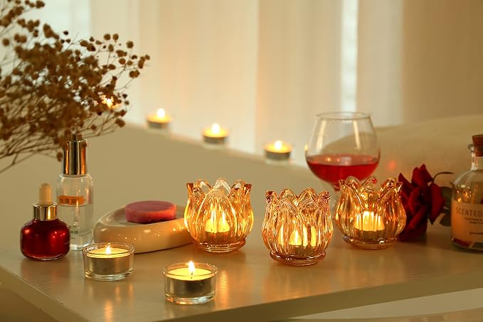 GOLDEAL 12Pcs Gold Votive Candle Holders, Thick Glass Tea Light Candle Holder Bulk, Tealight Candle Jars for Wedding Table Decor, Party Supplies, Bridal Shower Decorations, Centerpieces for Tables