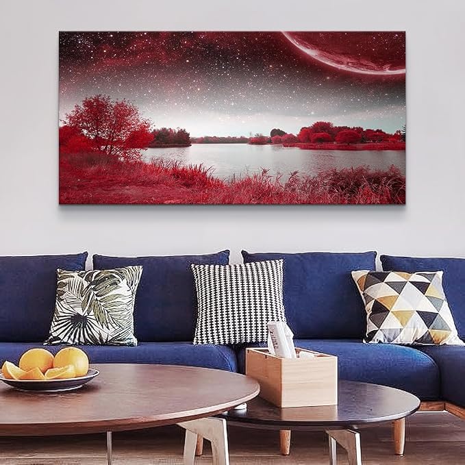 Print Artwork Wall Art Decor Poster For Living Room Red Tree Moon Starry Sky Red Landscape Painting Bathroom Wall Art For Bedroom Canvas Prints Picture Works Ready To Hang Office Home Decorations