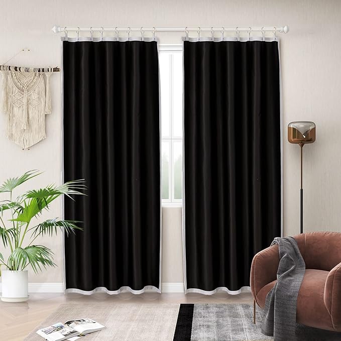 Melodieux Thermal Insulated 100% Blackout Curtain Liners for 72 Inch Long Curtains, Heat Cold Light Blocking Lining for Sheer Drapes, Off White/Black, 50 by 68 Inch, 2 Panels, Rings Included