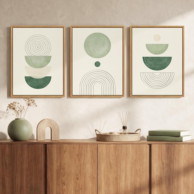 3 Piece Framed Minimalist Boho Canvas Wall Art for Bedroom, Abstract Sage Green Geometric Artwork for Walls, Green and Beige Picture Print Paintings for Hallway Office Wall Decor 12x16 Inch