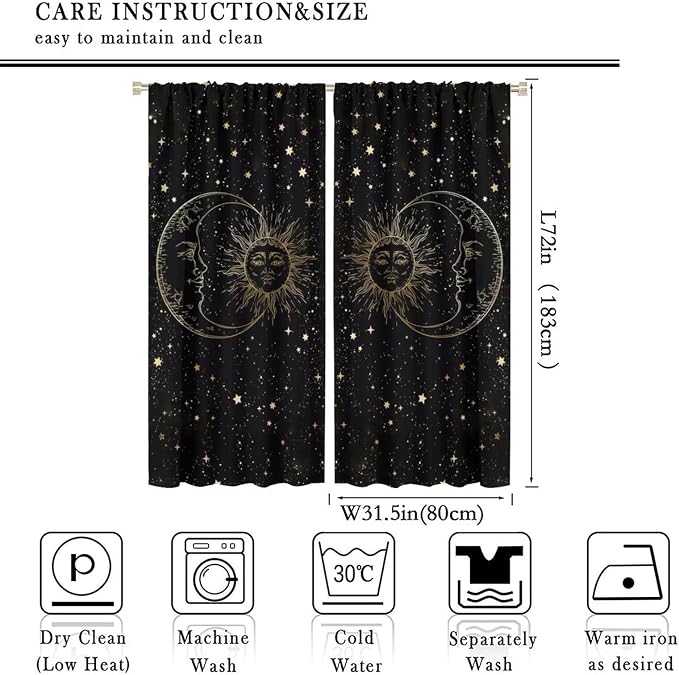 Sun Moon Blackout Windows Curtains, Golden Sun Moon and Stars Black Sky on Bohemian Style Curtains, for Living Room Bedroom 63x72in 2 Panels